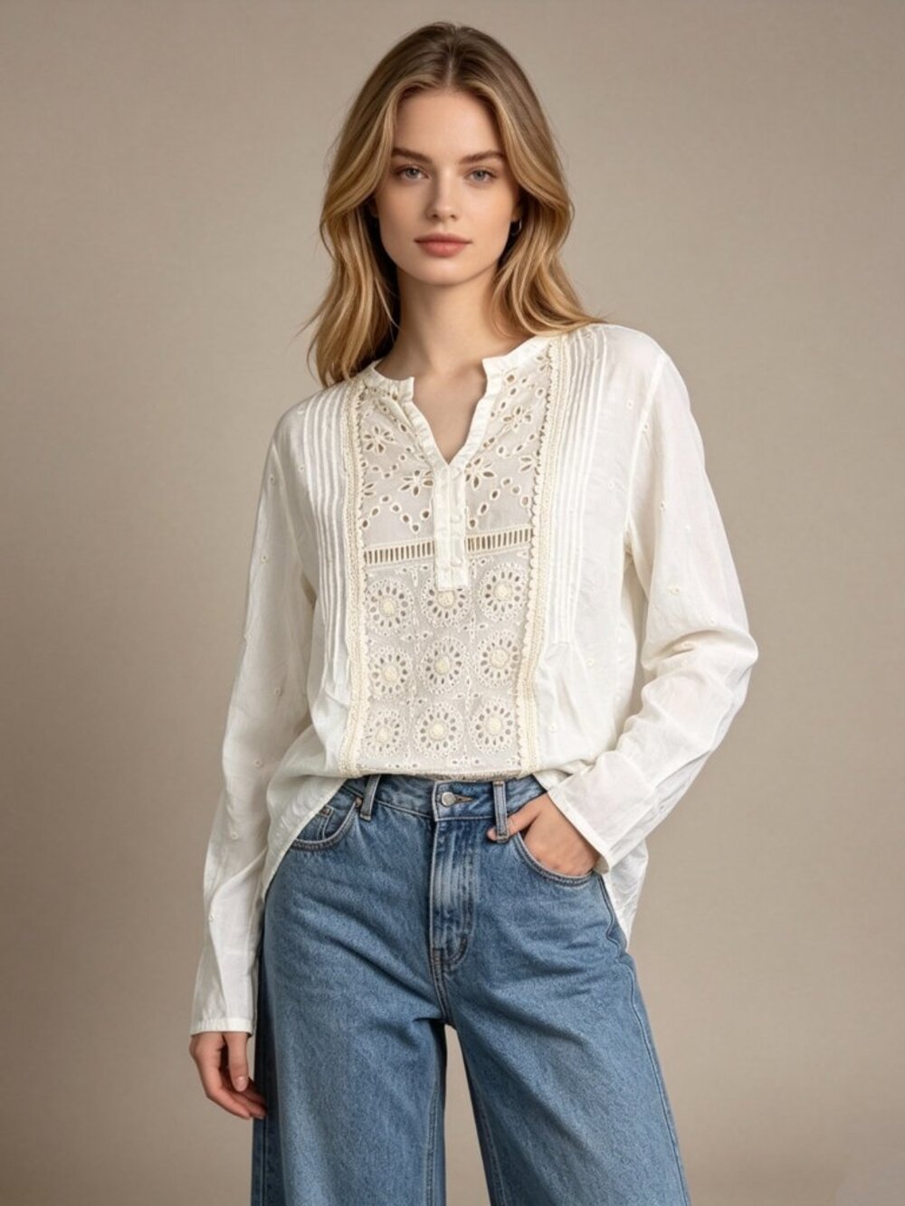 NWOT Johnny Was Floral Embroidered Long Sleeves Shirt Blouse Cream Size S